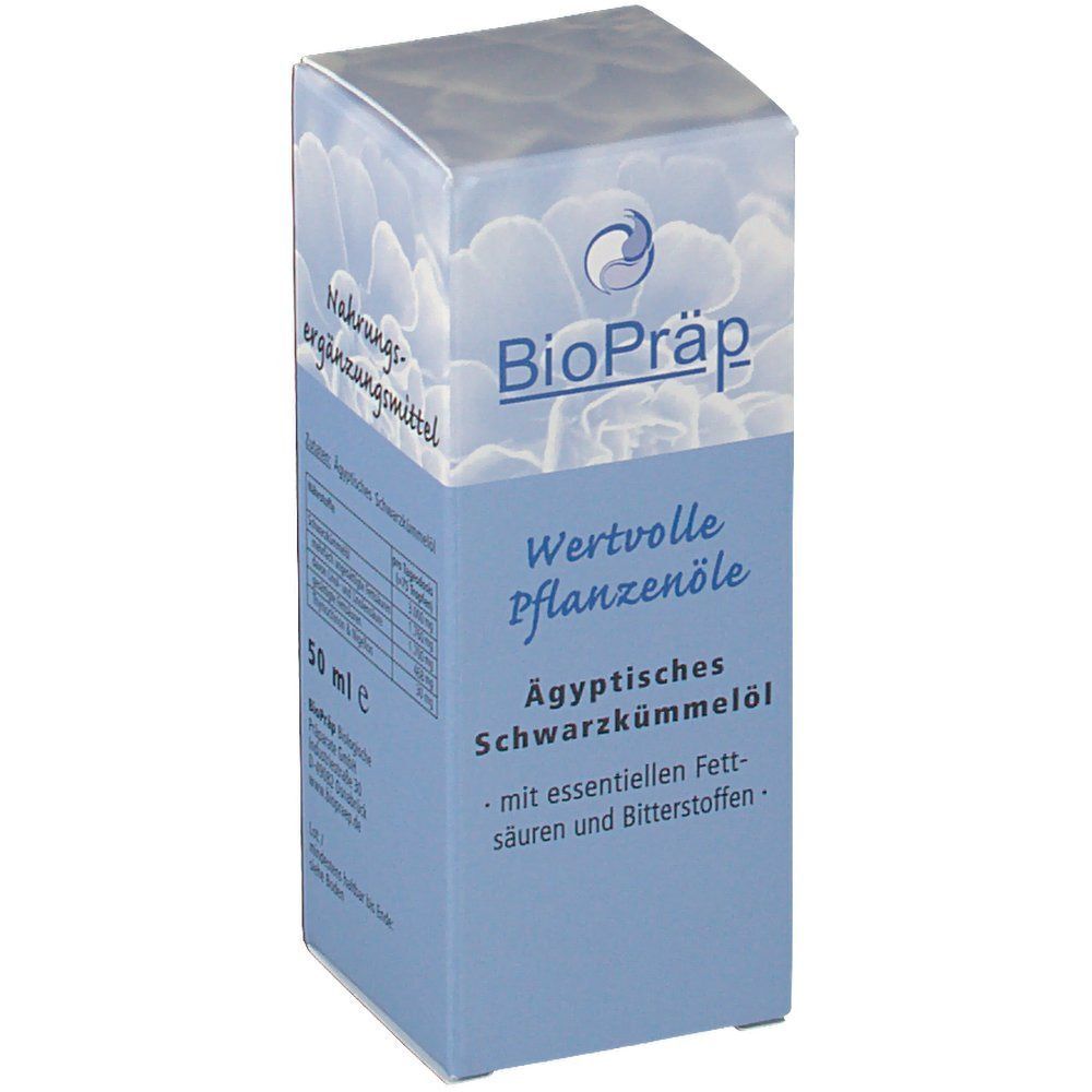 Schachtel mit "BioPräp"-Logo. Aufschrift: "Wertvolle Pflanzenöle", "Ägyptisches Schwarzkümmelöl". Blaue und weiße Verpackung. 50 ml.