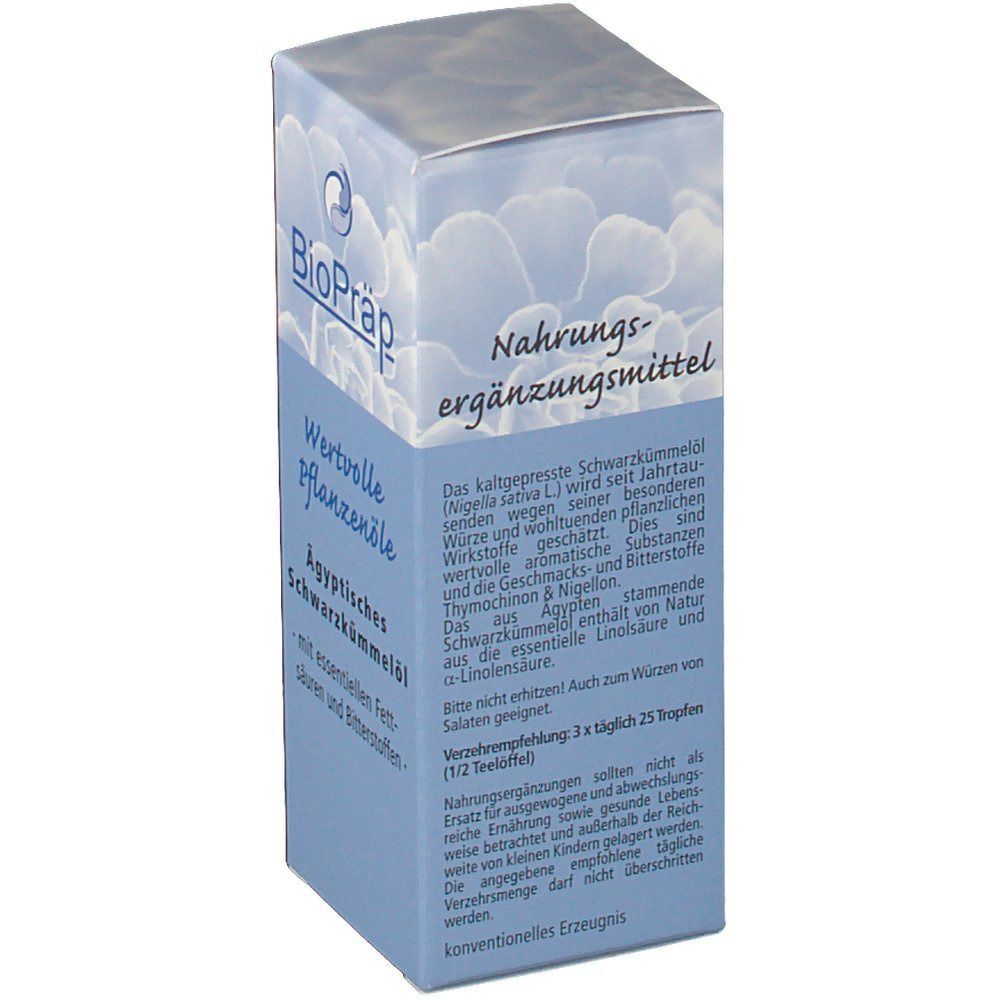 Schachtel mit "BioPräp"-Logo. Aufschrift: "Wertvolle Pflanzenöle", "Ägyptisches Schwarzkümmelöl". Enthält Text über das Produkt. 50 ml.