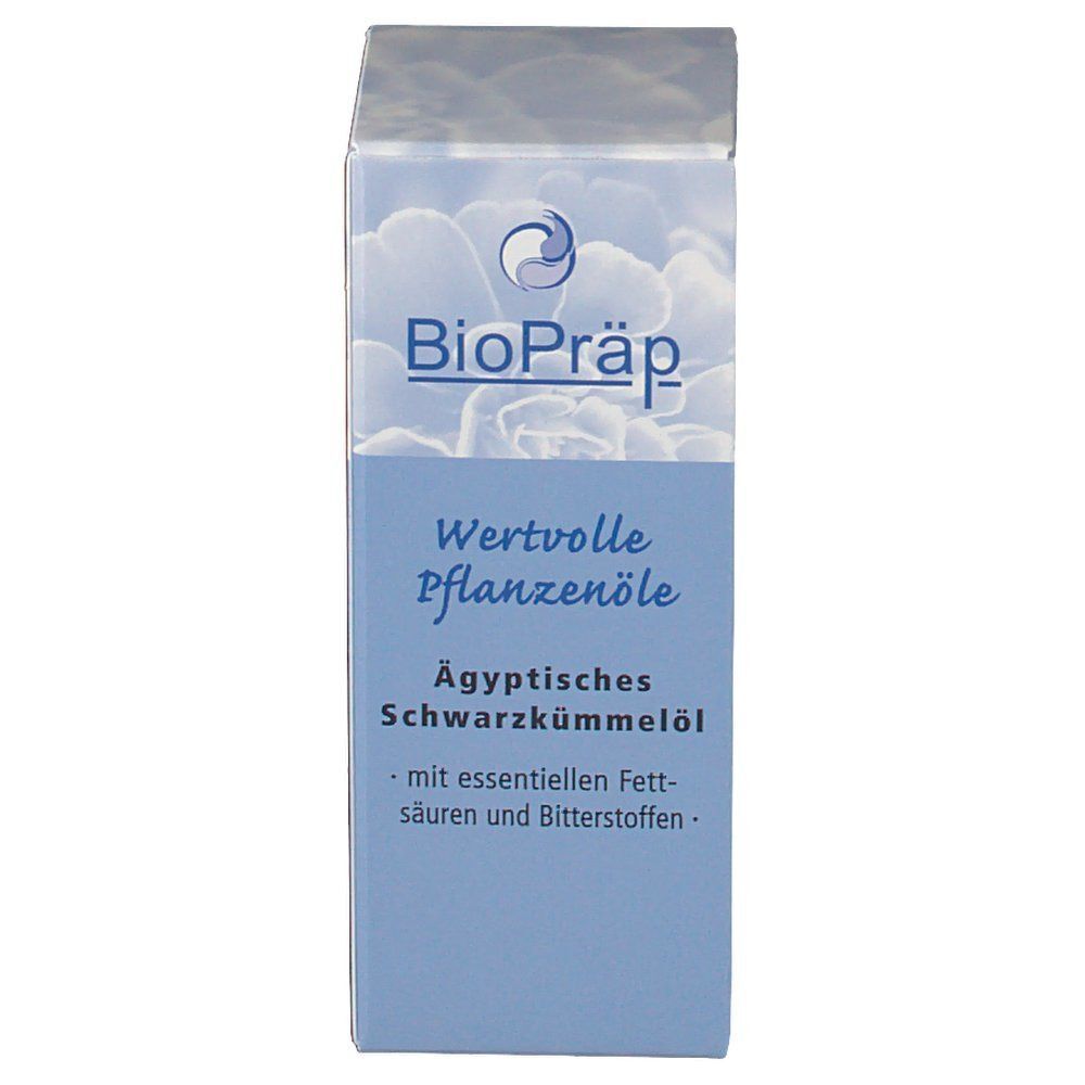 Schachtel mit "BioPräp"-Logo. Aufschrift: "Wertvolle Pflanzenöle", "Ägyptisches Schwarzkümmelöl". Blaue und weiße Verpackung.