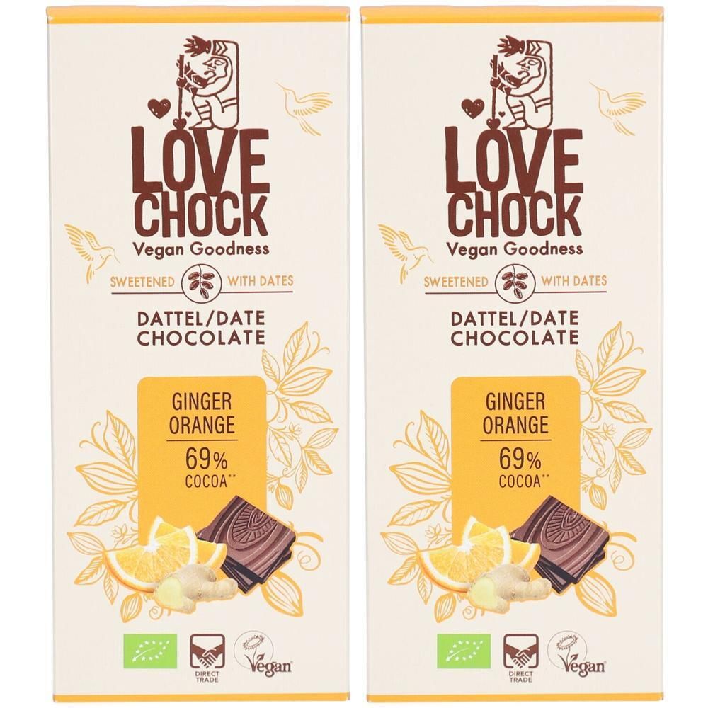 Zwei Tafeln Schokolade. Aufschrift: Lovechock, Dattel/Date Chocolate, Ginger Orange, 69% Cocoa. Vegan-Siegel.