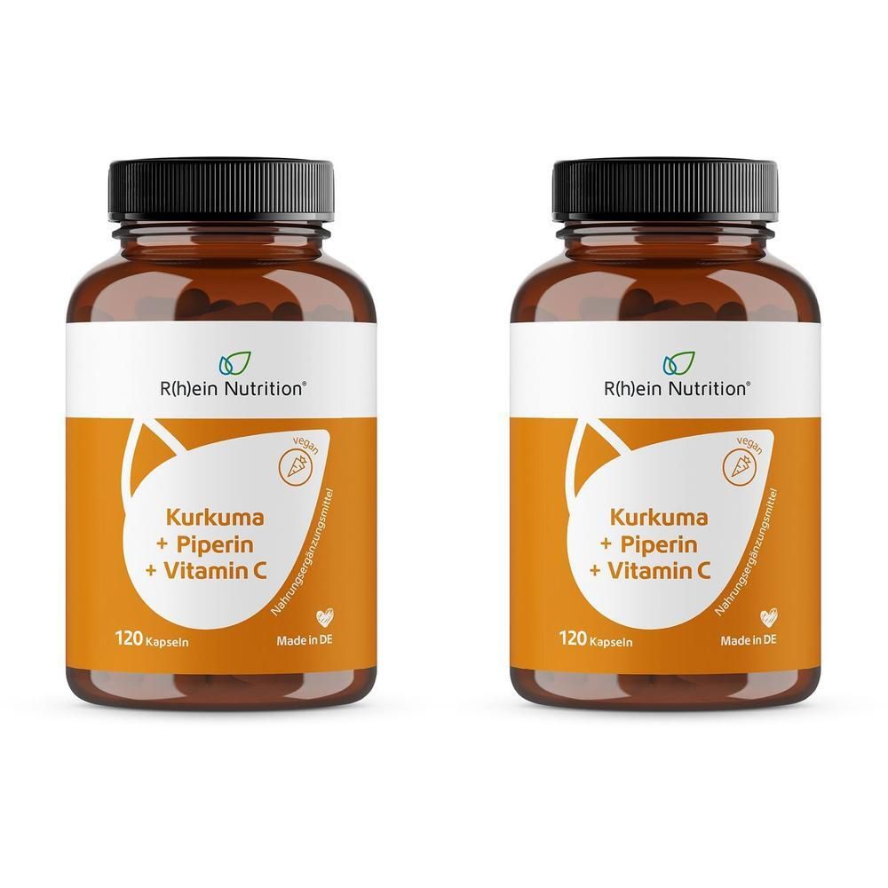 Zwei braune Glasflaschen mit schwarzen Deckeln. Aufkleber mit Produktinformationen: Kurkuma + Piperin + Vitamin C.