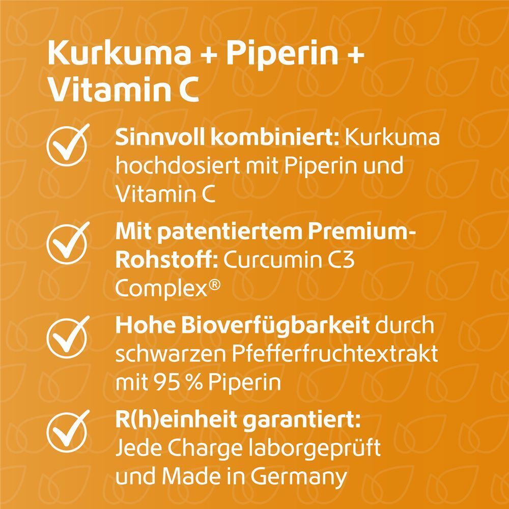 Text auf orangefarbenem Hintergrund. Aufzählungspunkte: Kurkuma, Piperin, Vitamin C, Premium-Rohstoff, hohe Bioverfügbarkeit.
