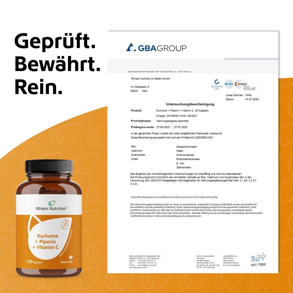 Braune Flasche mit Produktetikett und Zertifizierungsdokument der GBA Group. Text: Geprüft. Bewährt. Rein.
