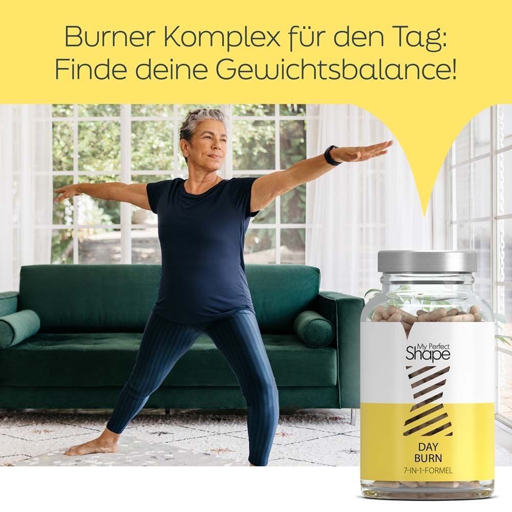 Frau beim Yoga mit einer Flasche DAY BURN. Aufschrift: My Perfect Shape, DAY BURN, 7-IN-1-FORMEL.