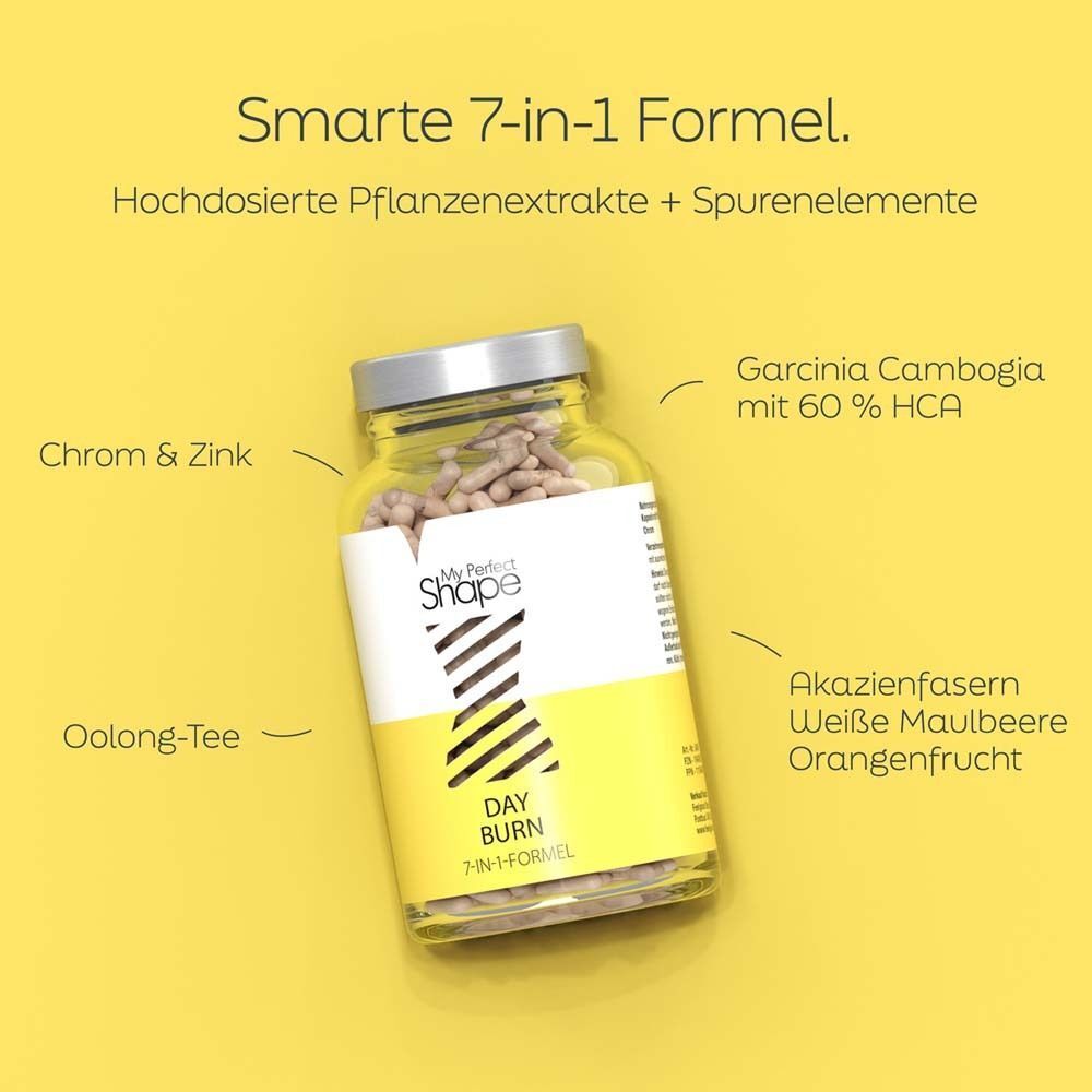 Glasbehälter mit Kapseln. Aufschrift: My Perfect Shape, DAY BURN, 7-IN-1-FORMEL. Beschriftungen: Chrom & Zink, Oolong-Tee.