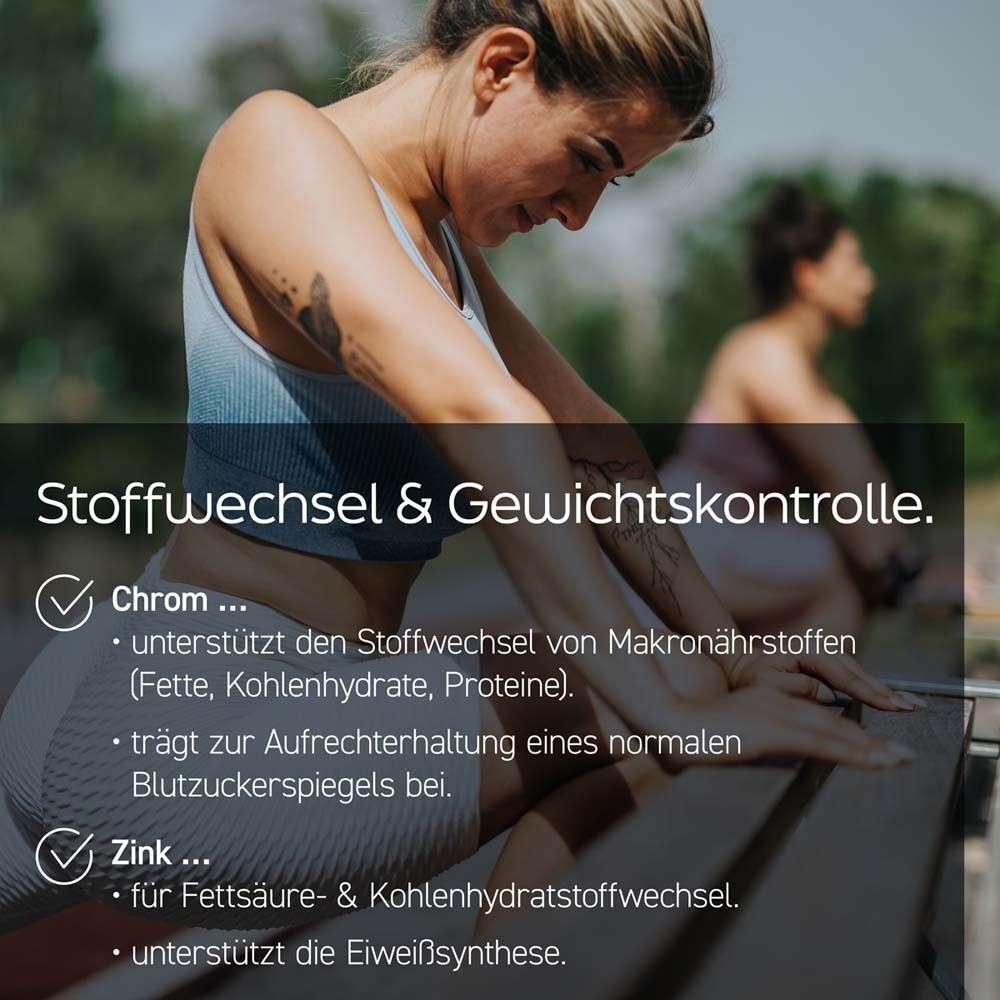 Zwei Frauen beim Training. Text: Stoffwechsel & Gewichtskontrolle. Chrom, Zink.