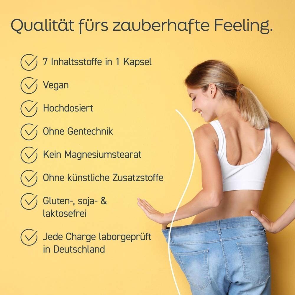 Frau mit Text: Qualität für zauberhaftes Feeling. 7 Inhaltsstoffe, vegan, ohne Gentechnik, glutenfrei.