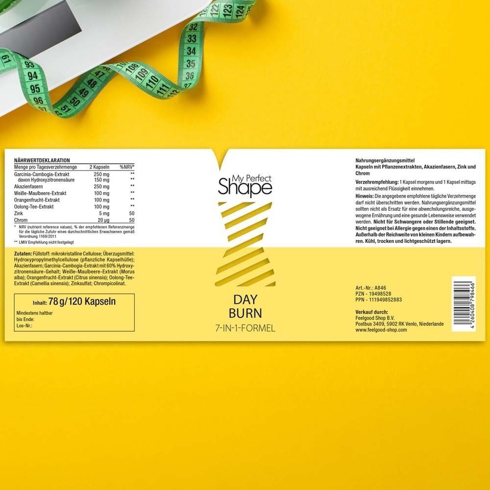 Rückseite der Verpackung von DAY BURN. Enthält Nährwertdeklaration, Zutaten, Herstellerinformationen.