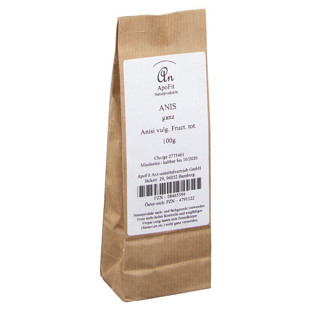 Brauner Papierbeutel mit Etikett. Auf dem Etikett steht: ANIS, Anisi vulg. Fruct. tot., 100g. ApoFit Naturprodukte.
