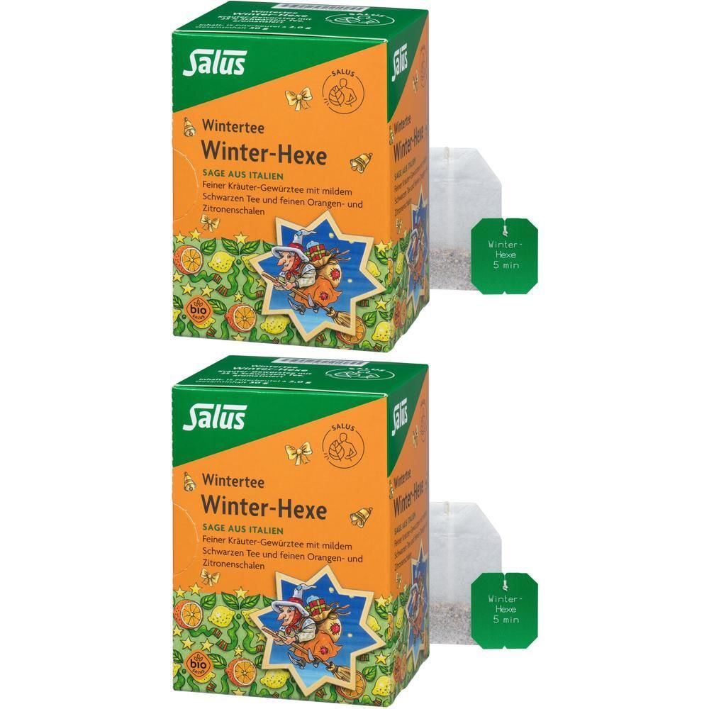 Zwei Packungen WINTER-HEXE Kräuter-Gewürztee Bio Salus Filterbtl. 2x. Jede Packung enthält Teebeutel. Aufdrucke: Salus, Wintertee, Winter-Hexe.