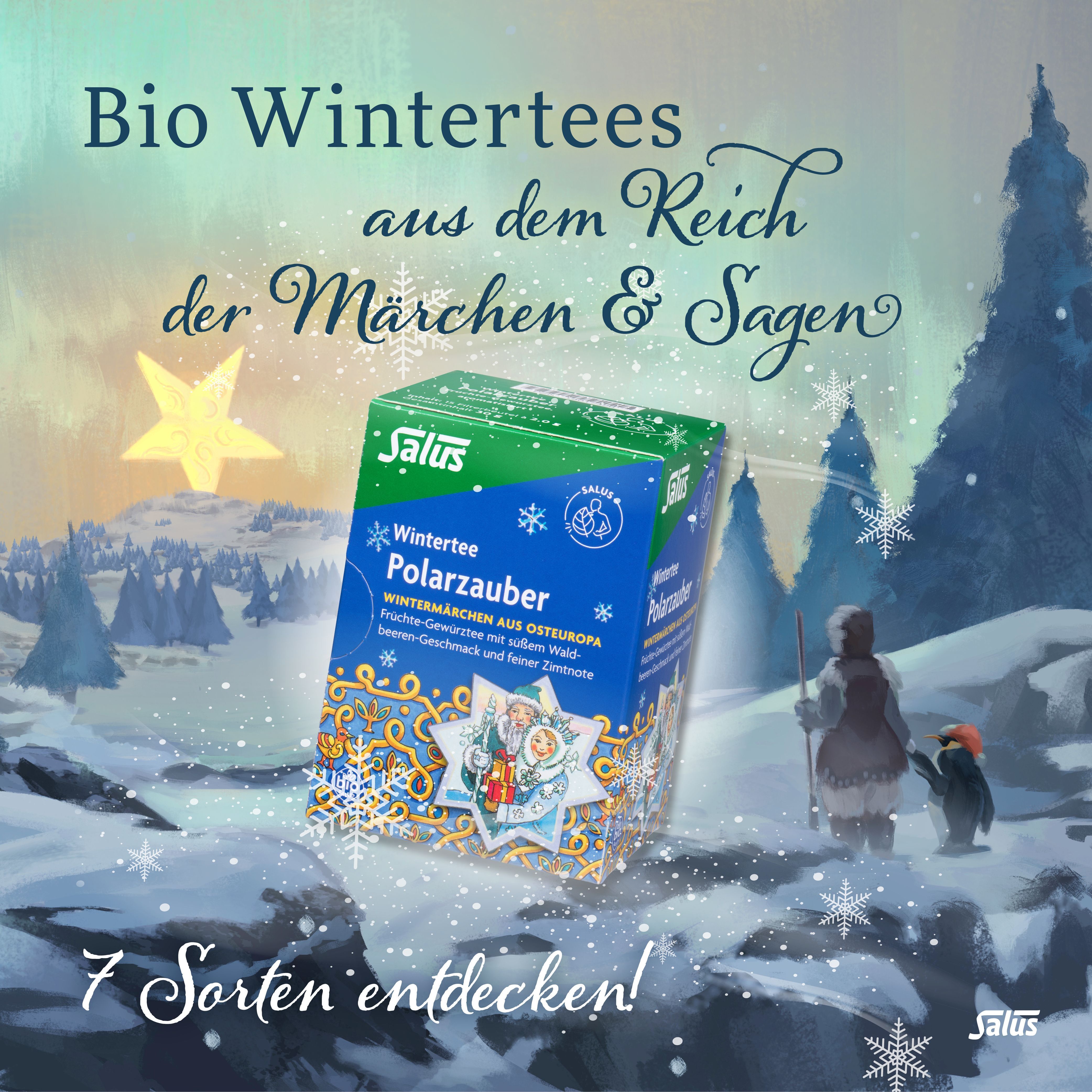Illustration einer Winterlandschaft mit Text: „Bio Wintertees aus dem Reich der Märchen & Sagen.“ Produkt: Salus Wintertee Polarzauber. Text: „7 Sorten entdecken!“