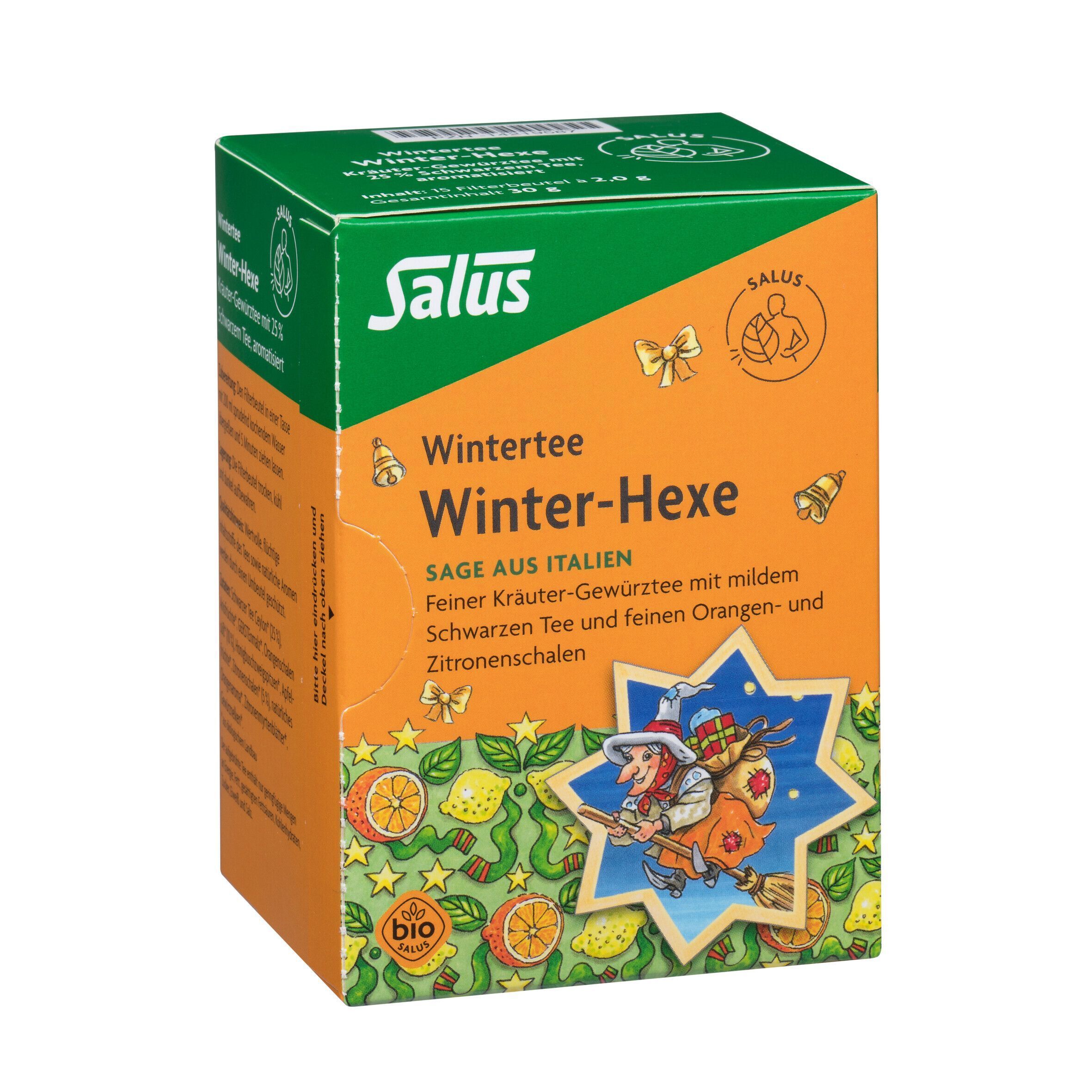 Produktverpackung: Salus Wintertee Winter-Hexe. Text: „Sage aus Italien“. Illustrationen: Hexe auf Besen, Kräuter, Früchte. Logo: Bio.