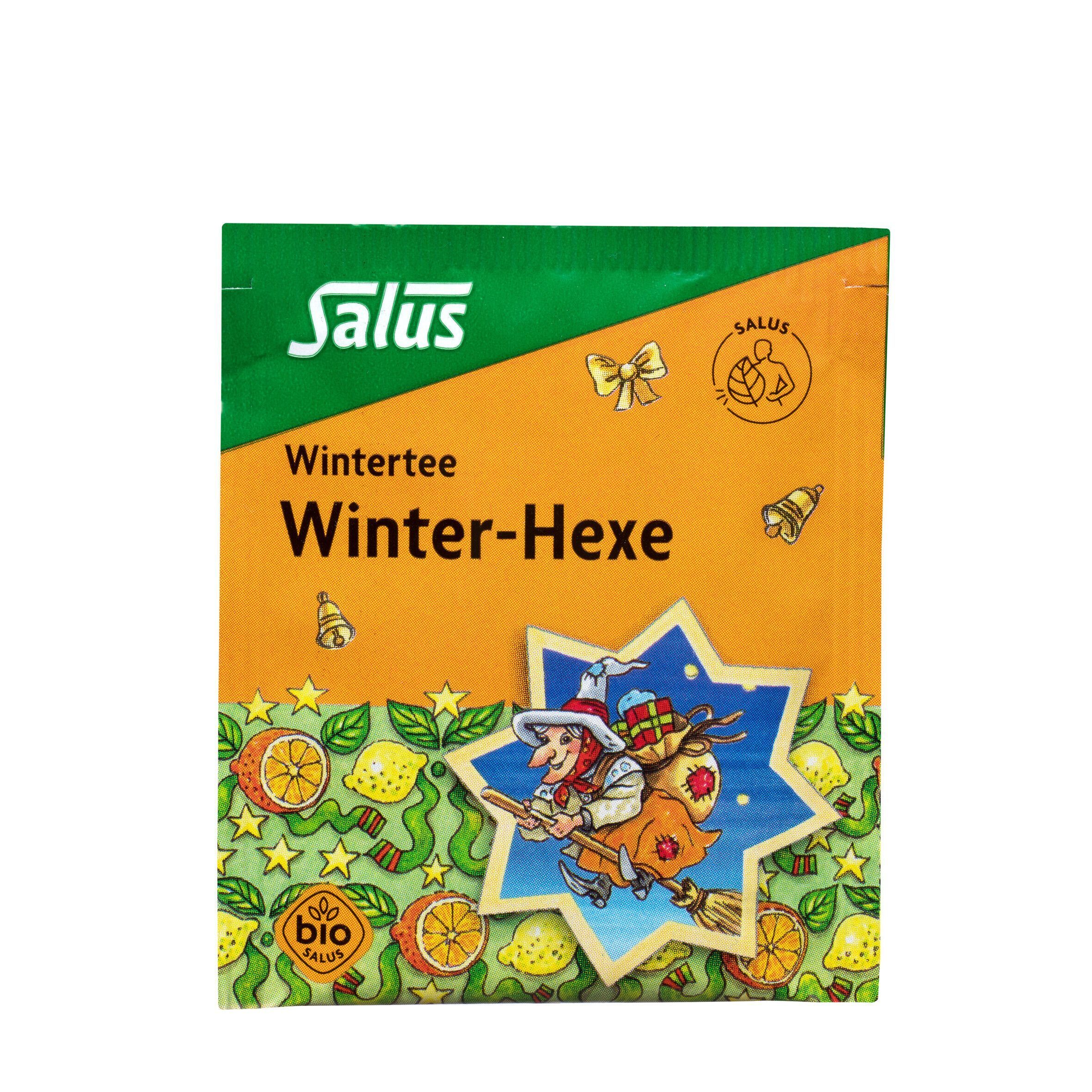 Einzelner Teebeutel WINTER-HEXE. Aufdrucke: Salus, Wintertee, Winter-Hexe, Bio-Logo. Illustrationen: Hexe auf Besen, Kräuter, Früchte.