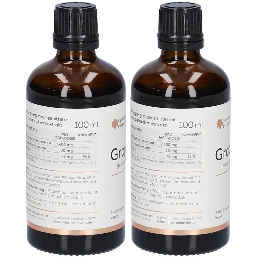 Zwei braune Glasflaschen mit schwarzem Deckel. Etikett mit Produktinformationen. Aufschrift: Grapefruit Kern Bio Ext.Sirup.