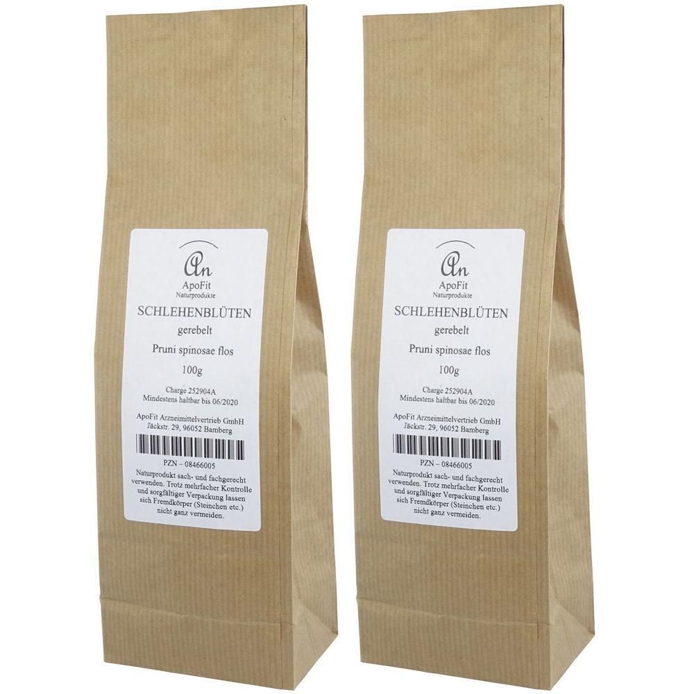 Zwei Packungen Schlehenblüten gerebelt (Prunus spinosa flos) von ApoFit, je 100g.