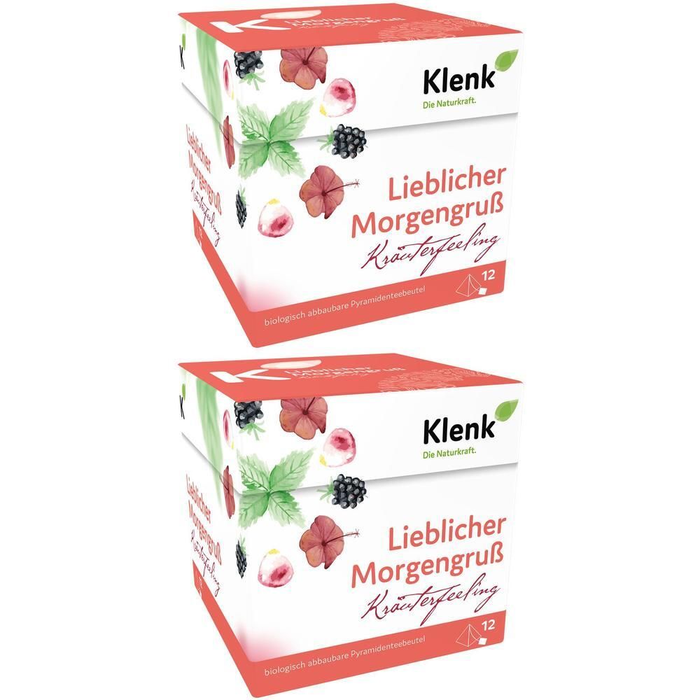 Zwei quadratische Kartons mit "Lieblicher Morgengruß" und "Klenk"-Logo. Aufdrucke von Blüten und Beeren. 12 Beutel.