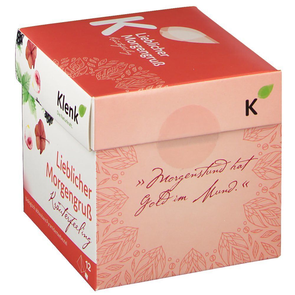 Quadratische Teebox mit "Lieblicher Morgengruß" und "Klenk"-Logo. Aufdrucke von Blüten und Blättern. Text: "Morgenstund hat Gold im Mund."