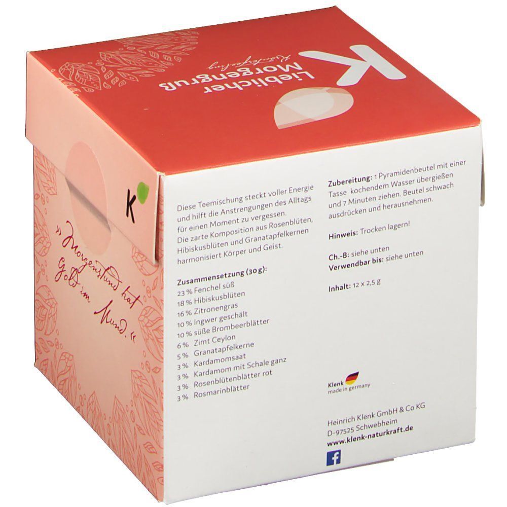 Teebox mit "Lieblicher Morgengruß" und "Klenk"-Logo. Rückseite mit Zutatenliste und Zubereitungshinweis. Inhalt: 12 x 2,5g.