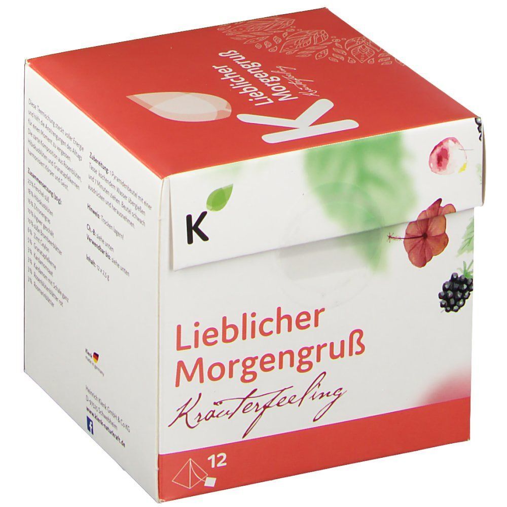 Quadratische Teebox mit "Lieblicher Morgengruß" und "Klenk"-Logo. Aufdrucke von Blüten und Beeren. 12 Beutel.