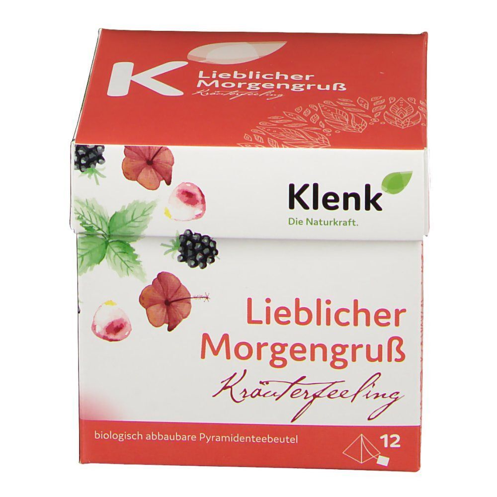 Teebox mit "Lieblicher Morgengruß" und "Klenk"-Logo. Aufdrucke von Blüten und Beeren. 12 Pyramidenbeutel. "biologisch abbaubar".