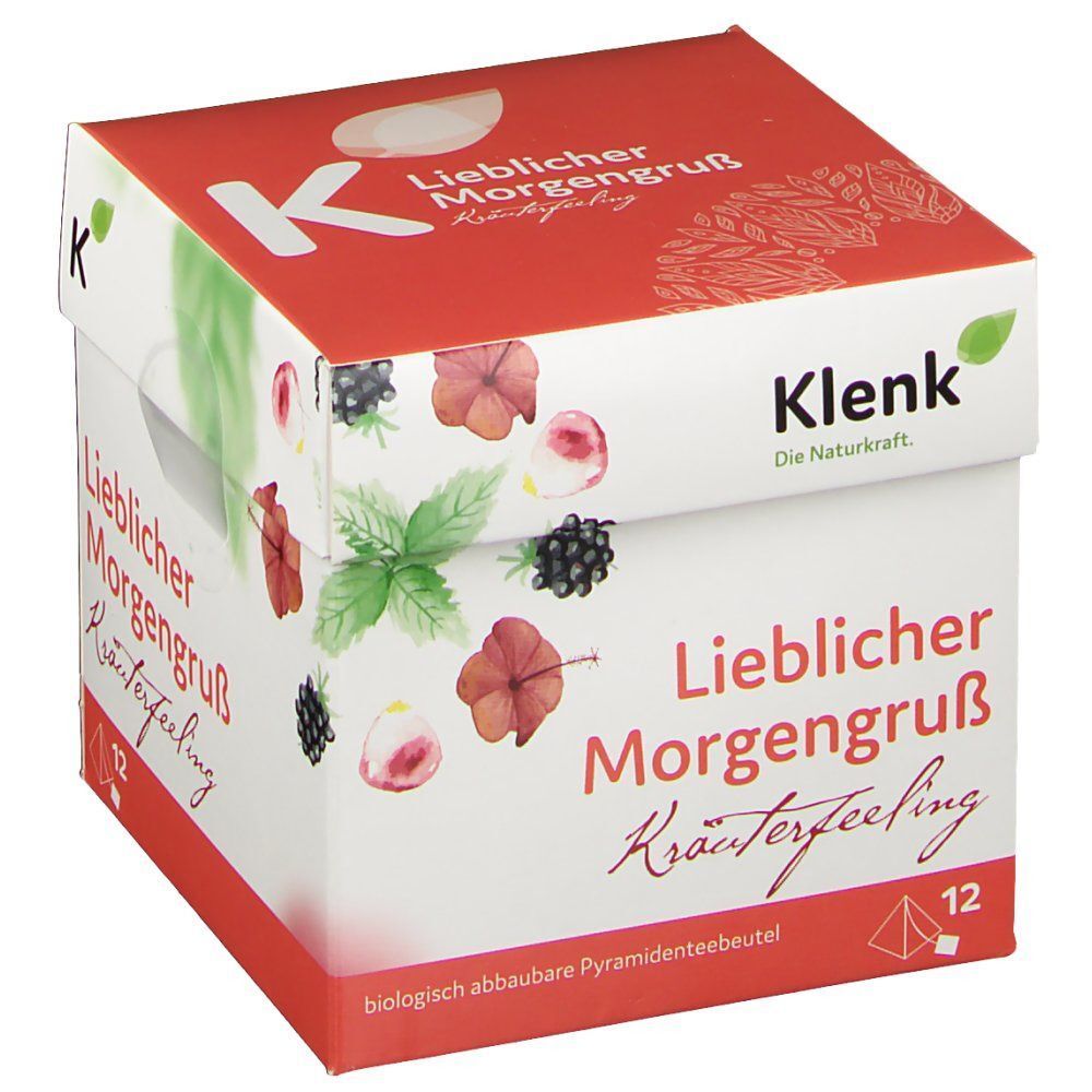 Teebox mit "Lieblicher Morgengruß" und "Klenk"-Logo. Aufdrucke von Blüten und Beeren. 12 Pyramidenbeutel. "biologisch abbaubar".