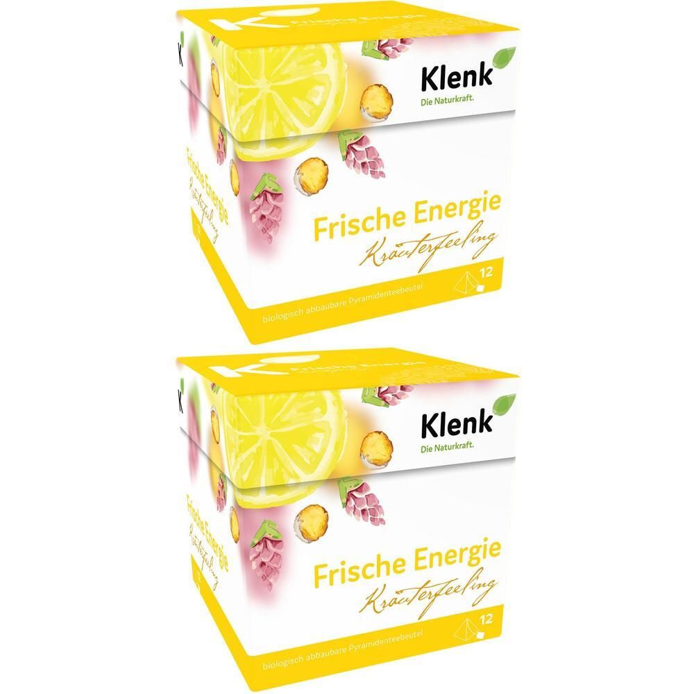 Zwei Kartons FRISCHE ENERGIE Tee Pyramidenbeutel. Aufdruck: Zitrone, Kräuter, Schriftzug. Marke: Klenk. 12 Beutel.