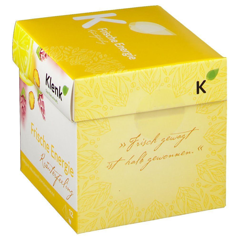 Karton FRISCHE ENERGIE Tee. Aufdruck: Zitrone, Kräuter, Schriftzug. Marke: Klenk. Zitat: Frisch gewagt ist halb gewonnen. 12 Beutel.