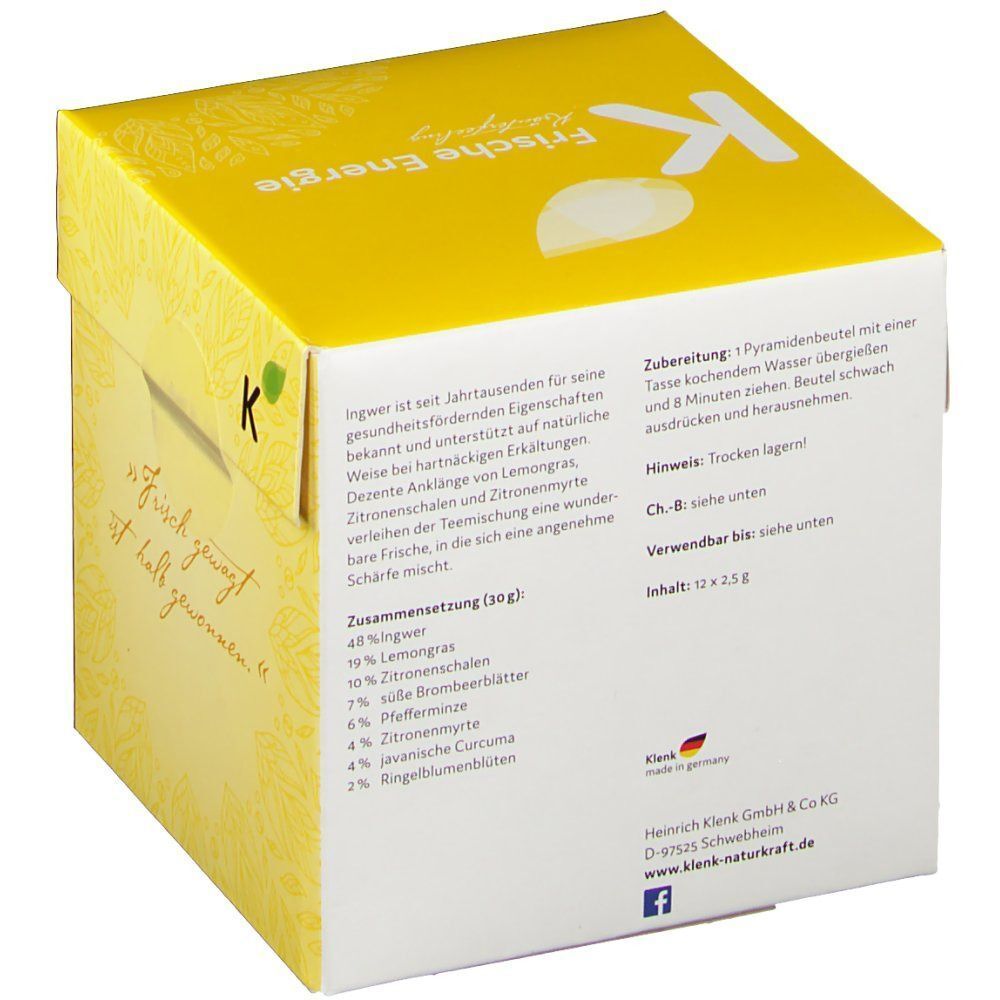 Rückseite der Teebox. Text: Zutaten, Zubereitung, Hinweise. Marke: Klenk. Inhalt: 12 x 2,5g. Anschrift des Herstellers.