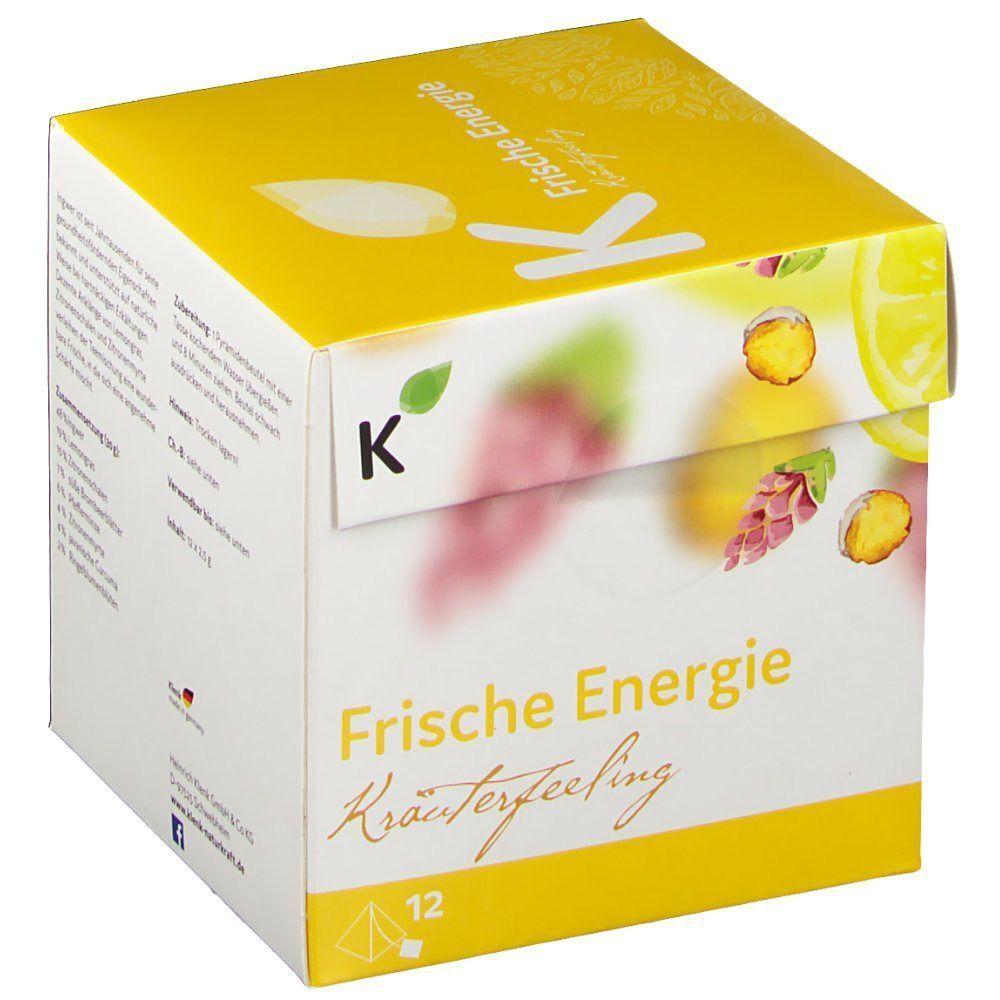 Karton FRISCHE ENERGIE Tee. Aufdruck: Zitrone, Kräuter, Schriftzug. Marke: Klenk. 12 Pyramidenbeutel.