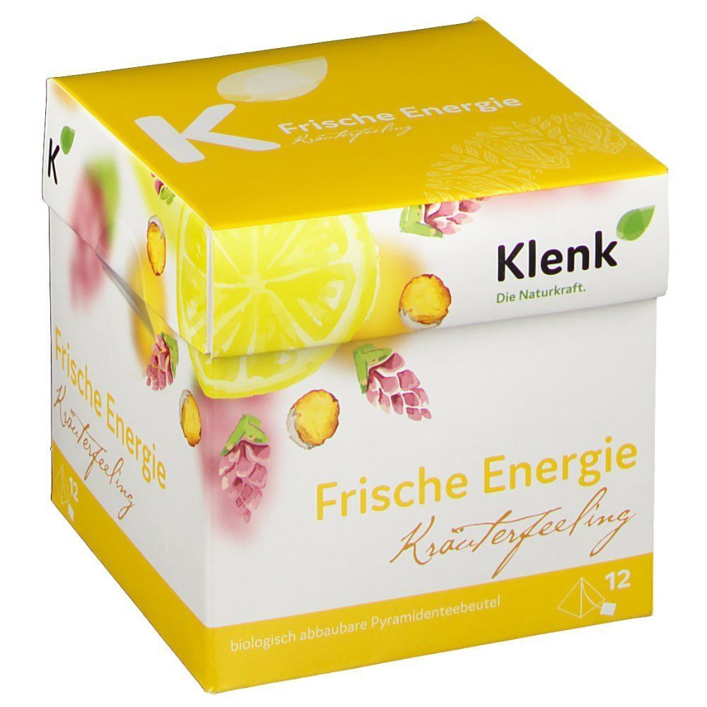 Karton FRISCHE ENERGIE Tee. Aufdruck: Zitrone, Kräuter, Schriftzug. Marke: Klenk. 12 Pyramidenbeutel. Biologisch abbaubar.
