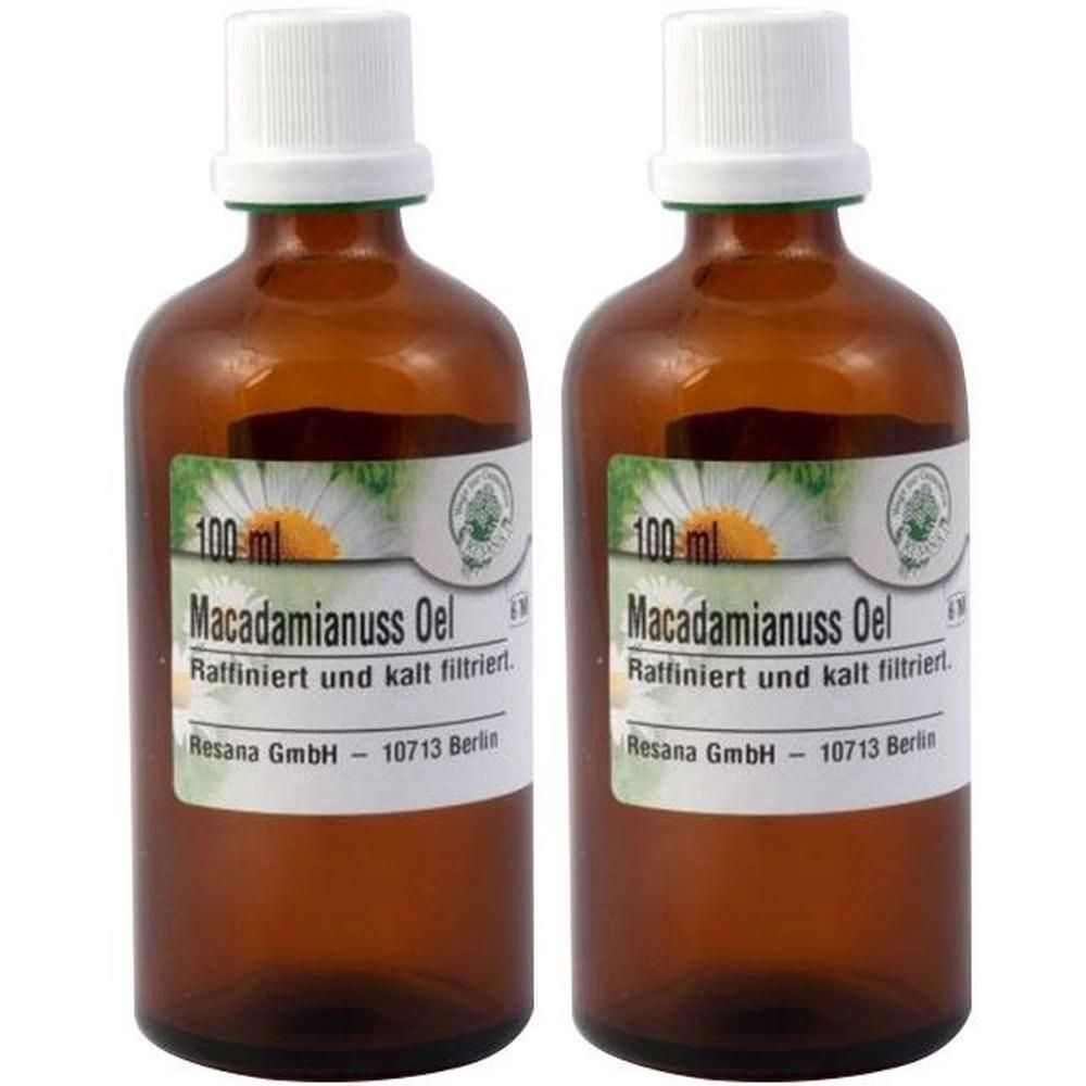 Zwei braune Glasflaschen mit Macadamianussöl, 100 ml, raffiniert und kalt filtriert.