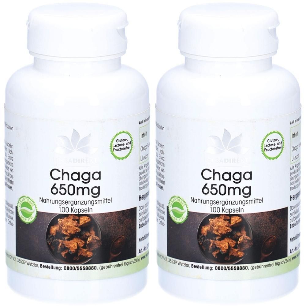 Zwei weiße Flaschen mit Etiketten. Aufschrift: Chaga 650mg, Nahrungsergänzungsmittel, 100 Kapseln. Gluten-, Laktose- und Fructosefrei.