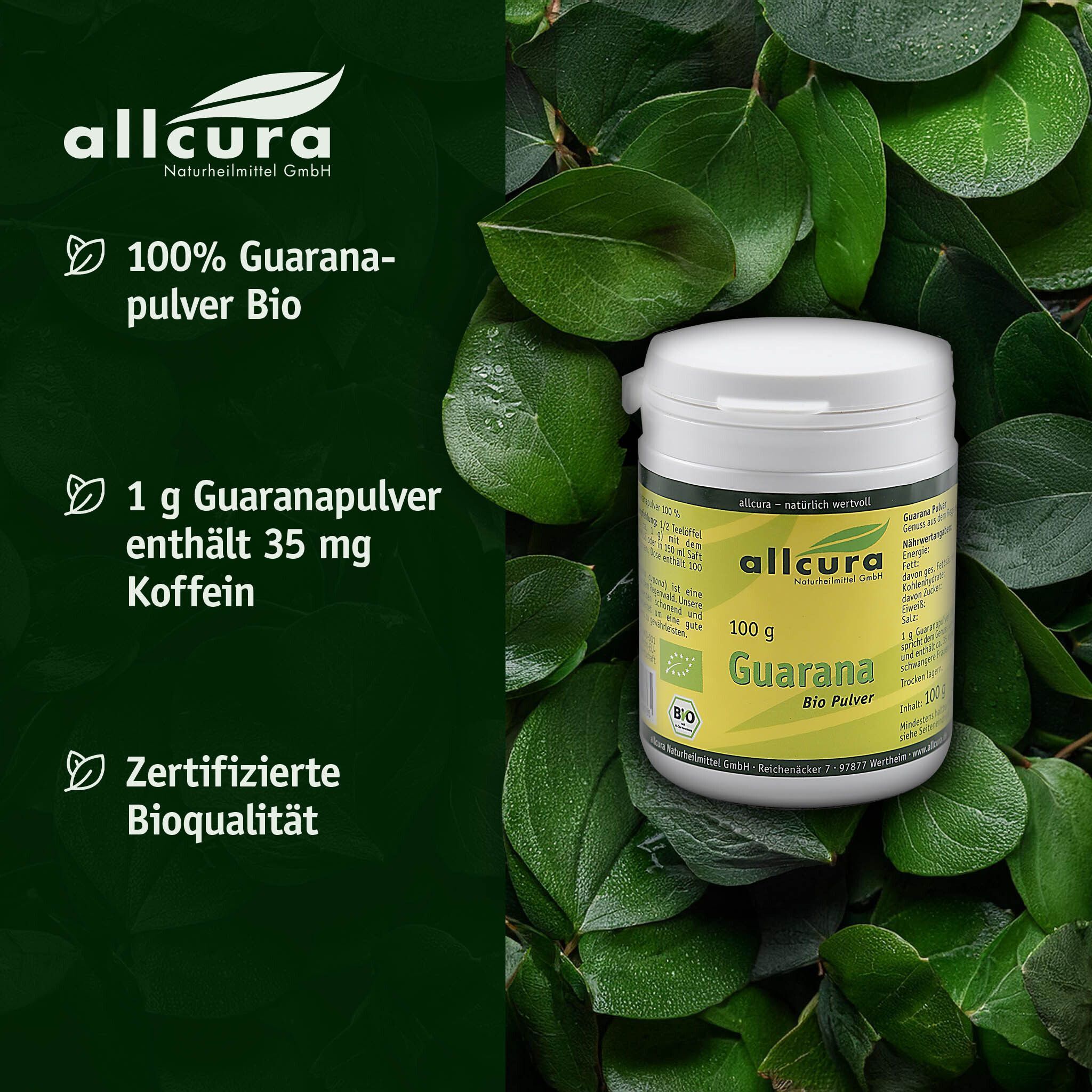 Weißer Behälter mit Deckel, umgeben von Blättern. Aufschrift: allcura, 100 g Guarana Bio Pulver. Bio-Siegel.