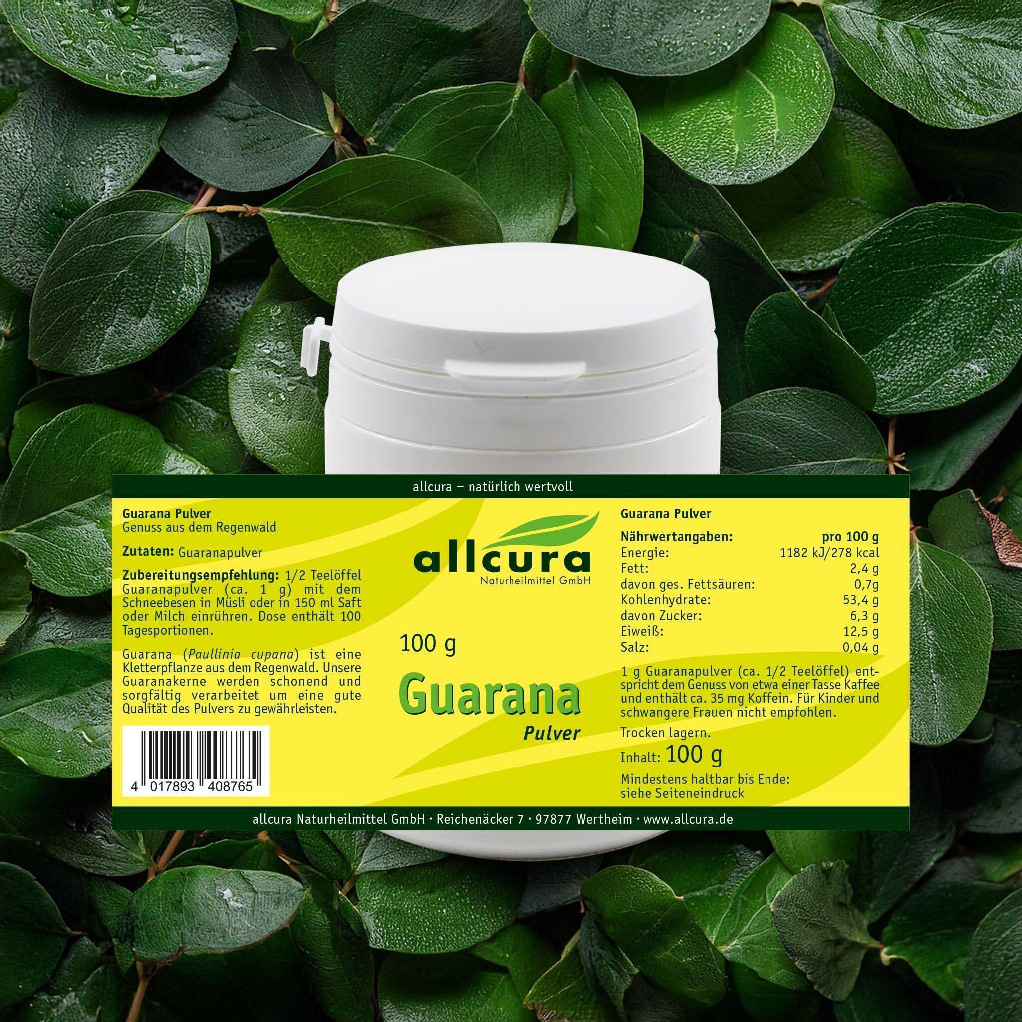 Weißer Behälter mit Deckel, umgeben von Blättern. Aufschrift: allcura, 100 g Guarana Pulver. Nährwertangaben.