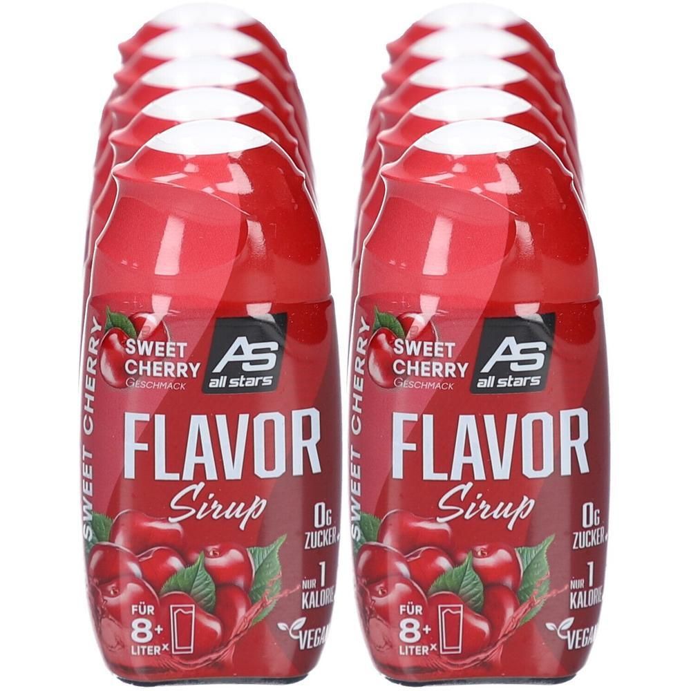 Mehrere Flaschen roter Sirup mit Kirschgeschmack. Aufschrift: Flavor Sirup, Sweet Cherry, 0g Zucker, 1 Kalorie. Veganes Produkt.