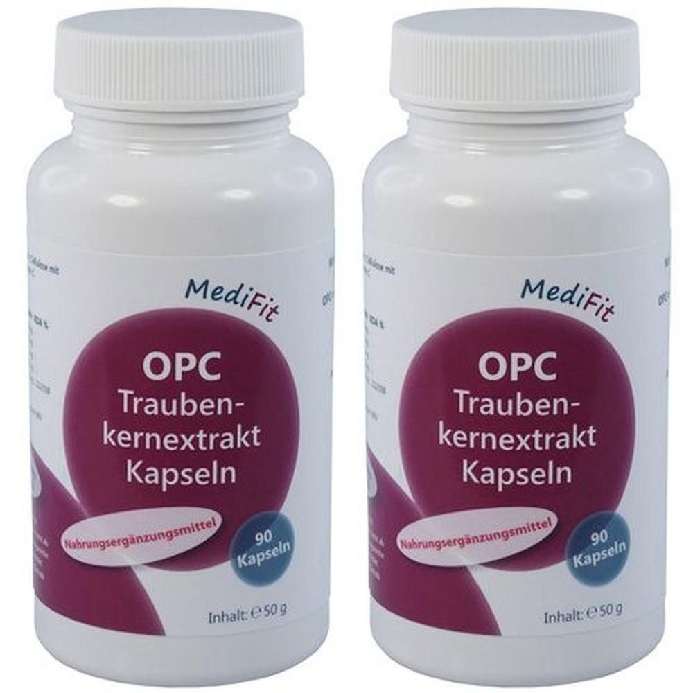 Zwei weiße Flaschen mit Kapseln. Aufdruck: OPC Traubenkernextrakt Kapseln, MediFit. 90 Kapseln.