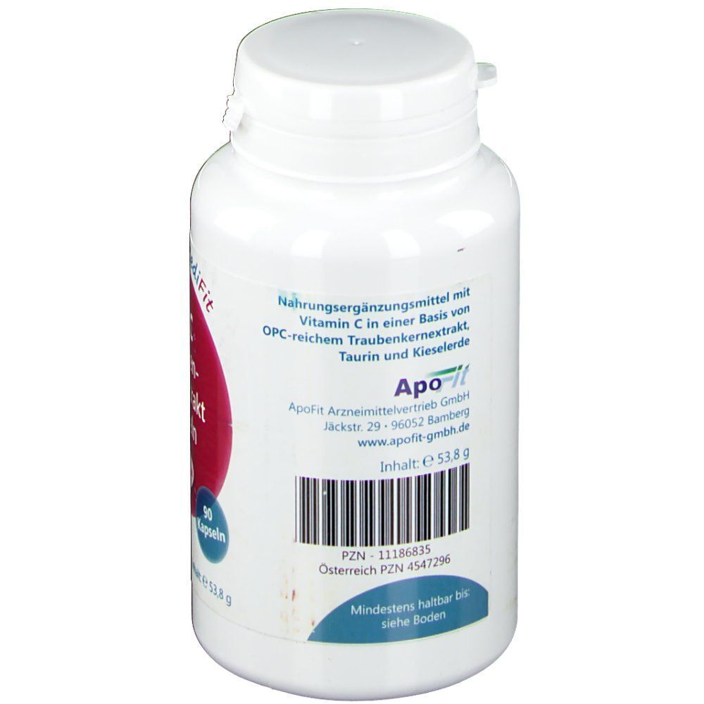 Weiße Flasche mit Kapseln. Aufdruck: OPC Traubenkernextrakt Kapseln. Rückseite mit Barcode und Text.