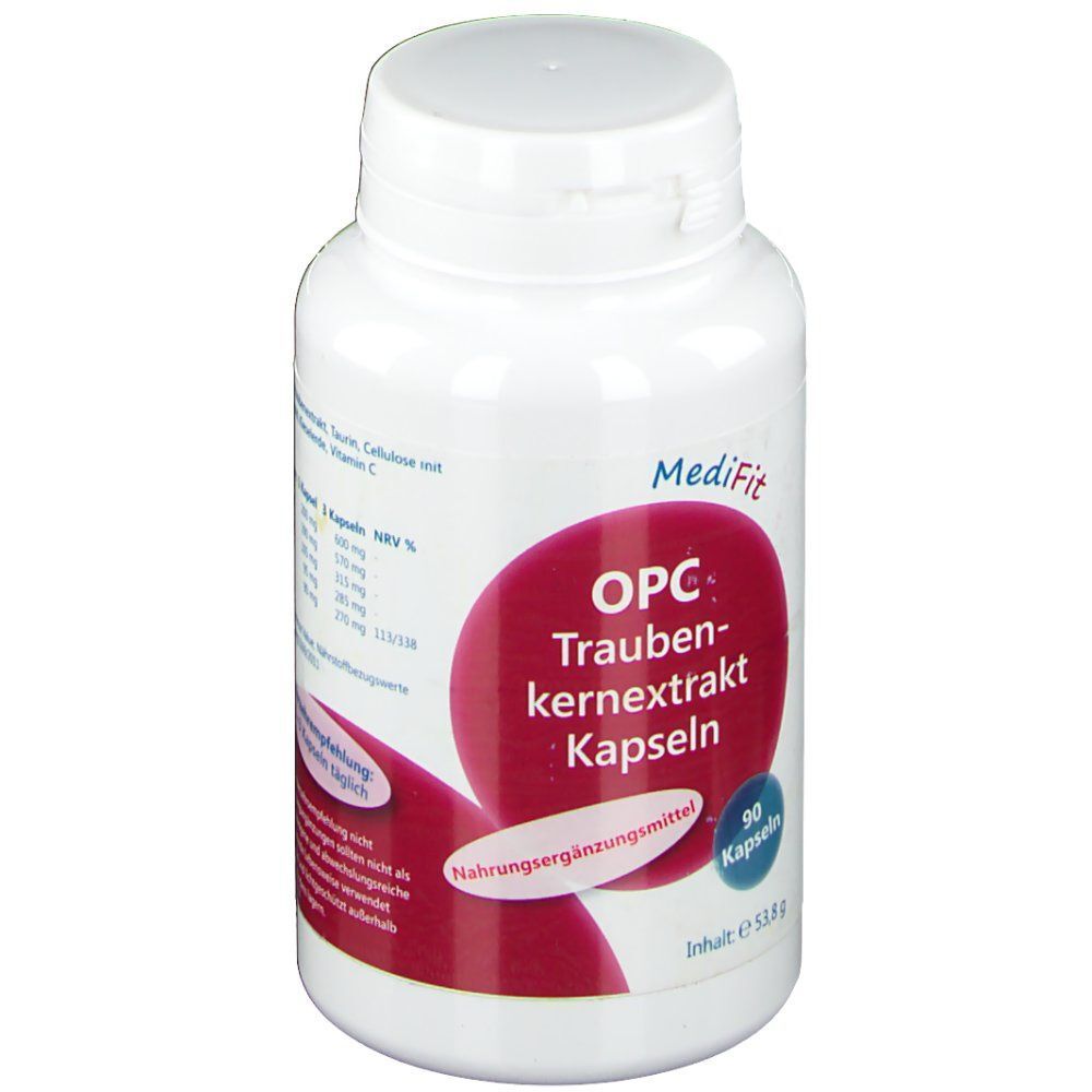 Weiße Flasche mit Kapseln. Aufdruck: OPC Traubenkernextrakt Kapseln, MediFit. 90 Kapseln.