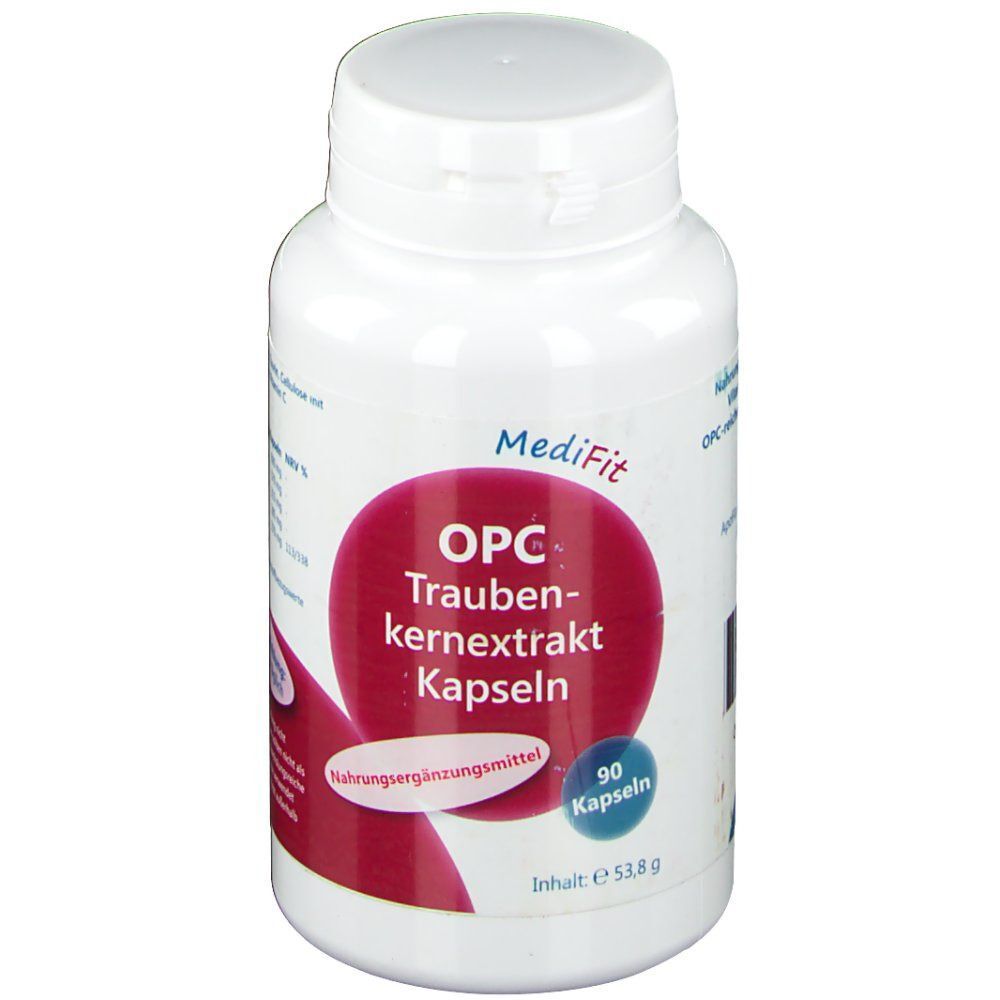 Weiße Flasche mit Kapseln. Aufdruck: OPC Traubenkernextrakt Kapseln, MediFit. 90 Kapseln.