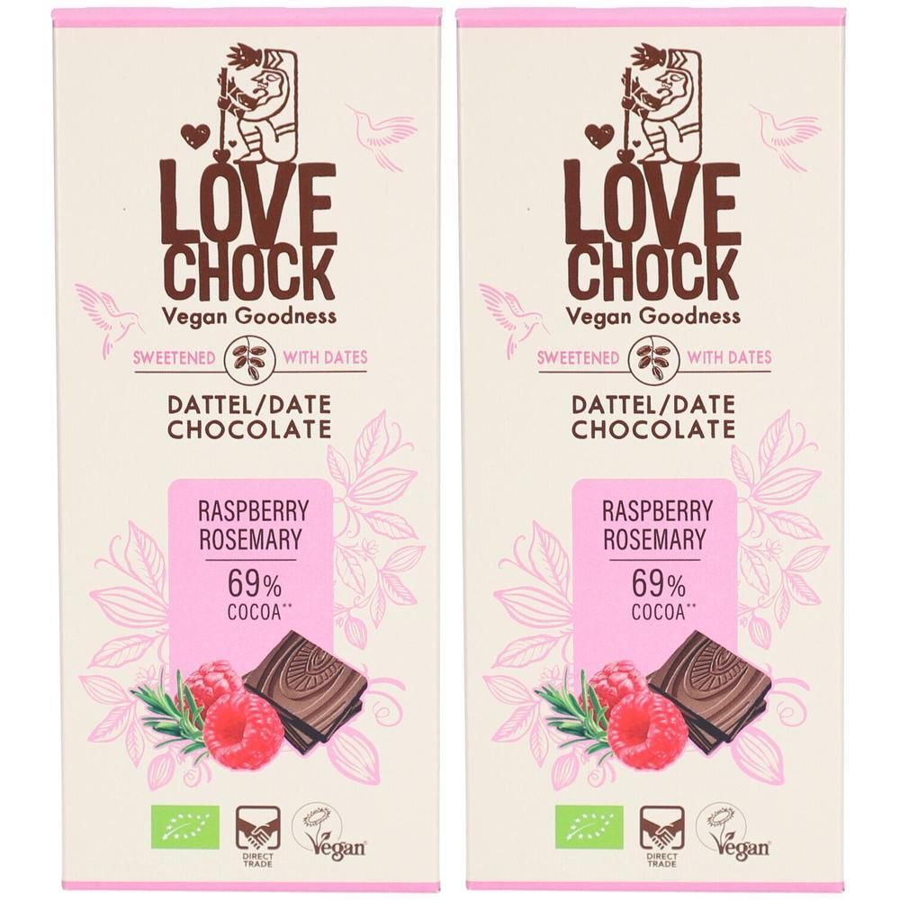 Zwei Schokoladentafeln. Aufschrift: LOVE CHOCK, Dattel/Date Chocolate, Himbeere Rosmarin, 69% Kakao. Vegan.