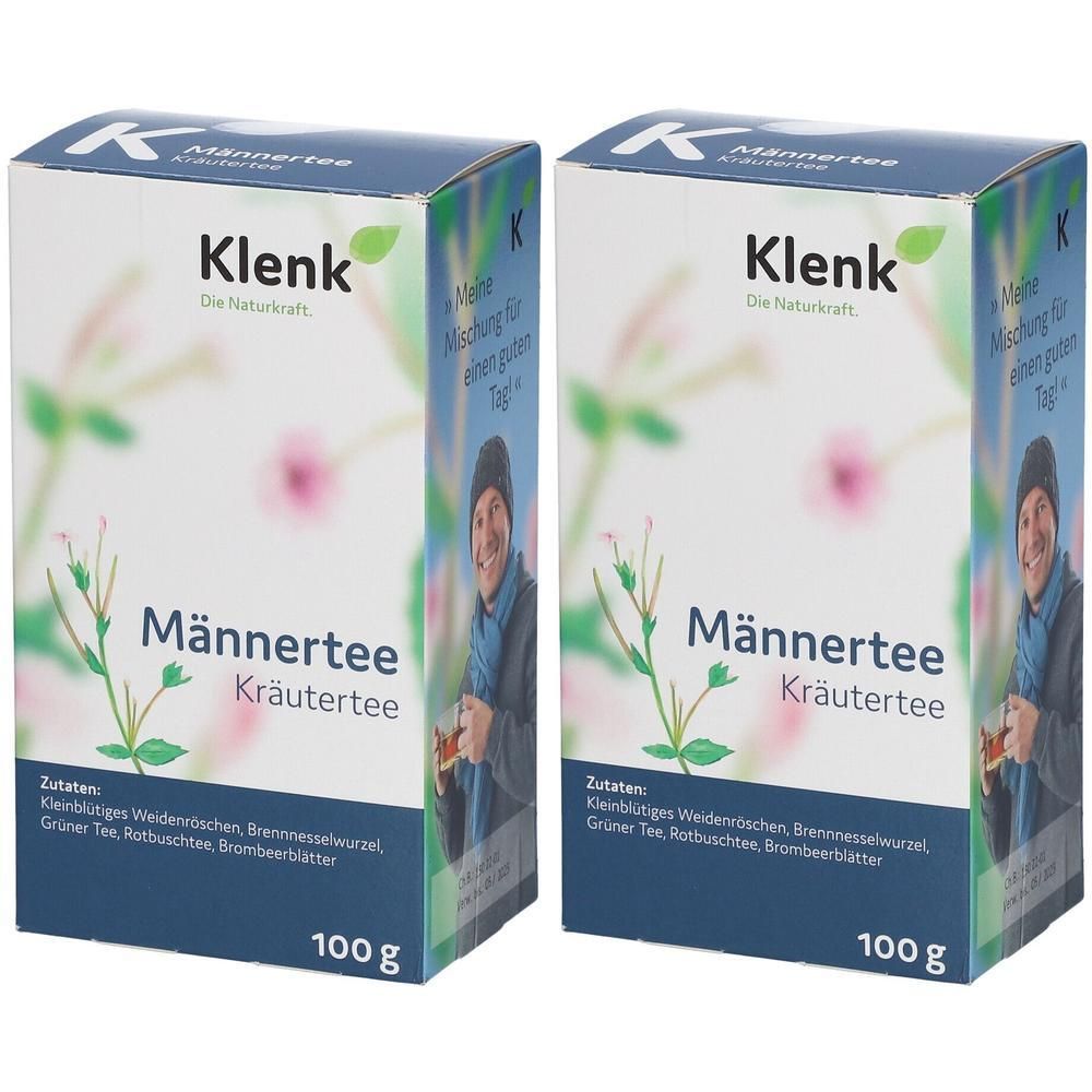 Zwei rechteckige Kartons mit Kräutertee. Aufschrift: Männerttee, Kräutertee, Klenk. 100g. Abbildung eines Mannes mit Mütze und Schal.