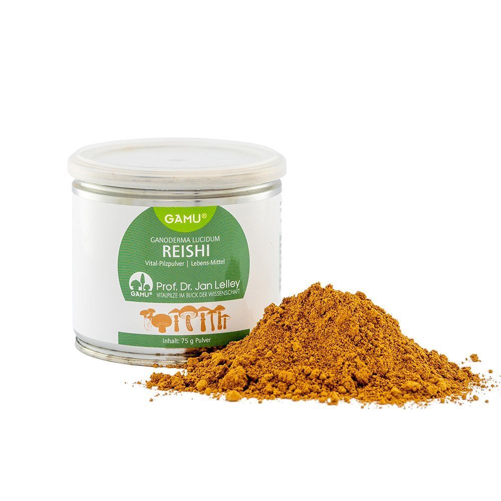 Dose GLÄNZENDER Lackporling Pilzpulver mit Pulver daneben. Weiße Dose, grünes Etikett. Aufschrift: REISHI, 75 g Pulver.
