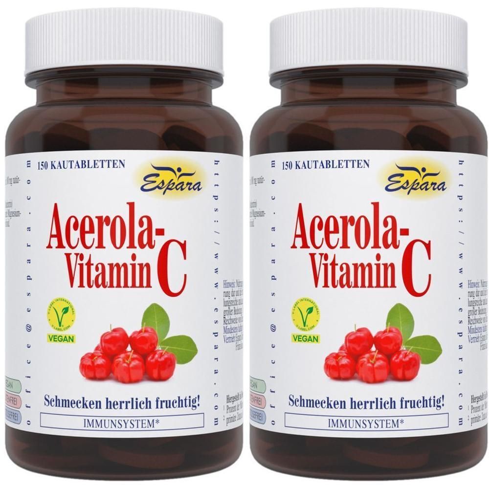 Zwei Flaschen Acerola-Vitamin C Kautabletten mit je 150 Stück. Braune Glasflaschen mit weißen Deckeln.