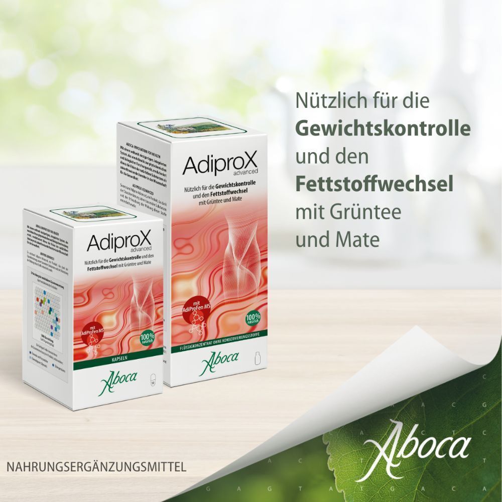Zwei ADIPROX advanced Schachteln. Text: Nützlich für die Gewichtskontrolle und den Fettstoffwechsel. Aboca Logo. Grüntee und Mate.