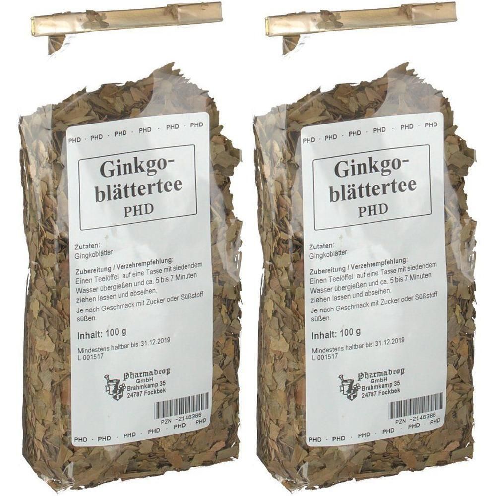 Zwei Beutel Ginkgo-Blättertee, je 100g, mit Zubereitungshinweisen.