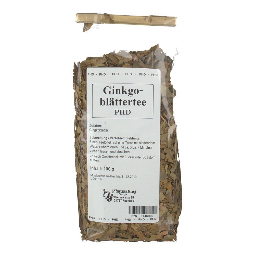 Ein Beutel Ginkgo-Blättertee, 100g, mit Etikett und Zubereitungshinweisen.