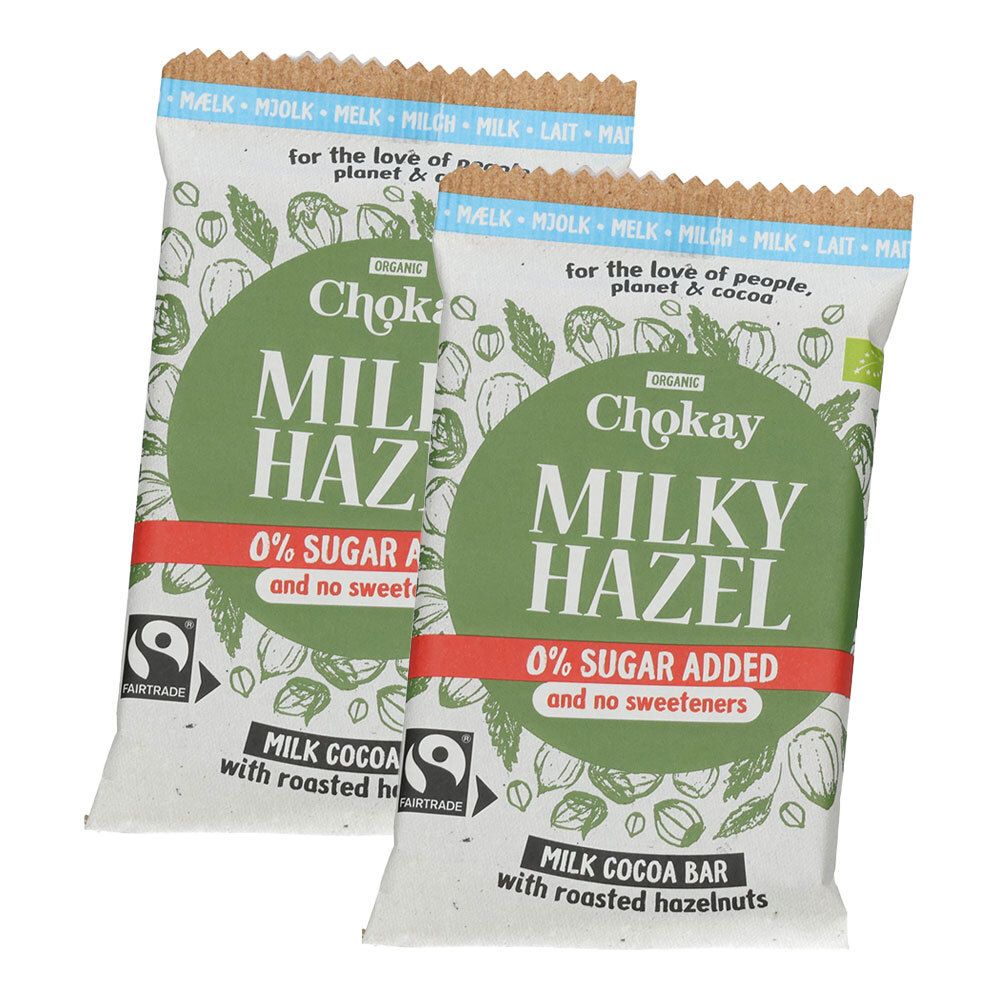 Zwei Chokay Milky Hazel Schokoriegel, 0% Zuckerzusatz, mit gerösteten Haselnüssen.