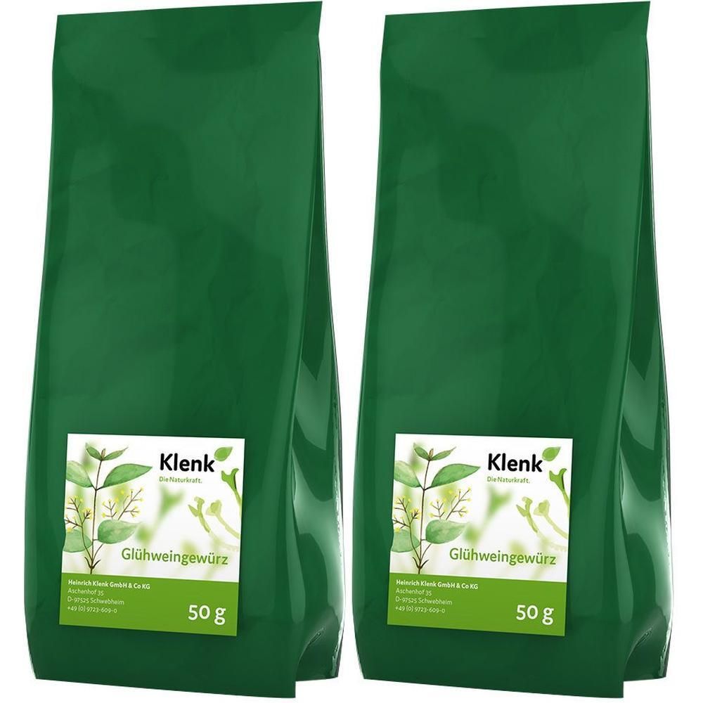 Zwei grüne Beutel mit Etiketten. Auf den Etiketten steht "Klenk", "Glühweingewürz" und "50 g".