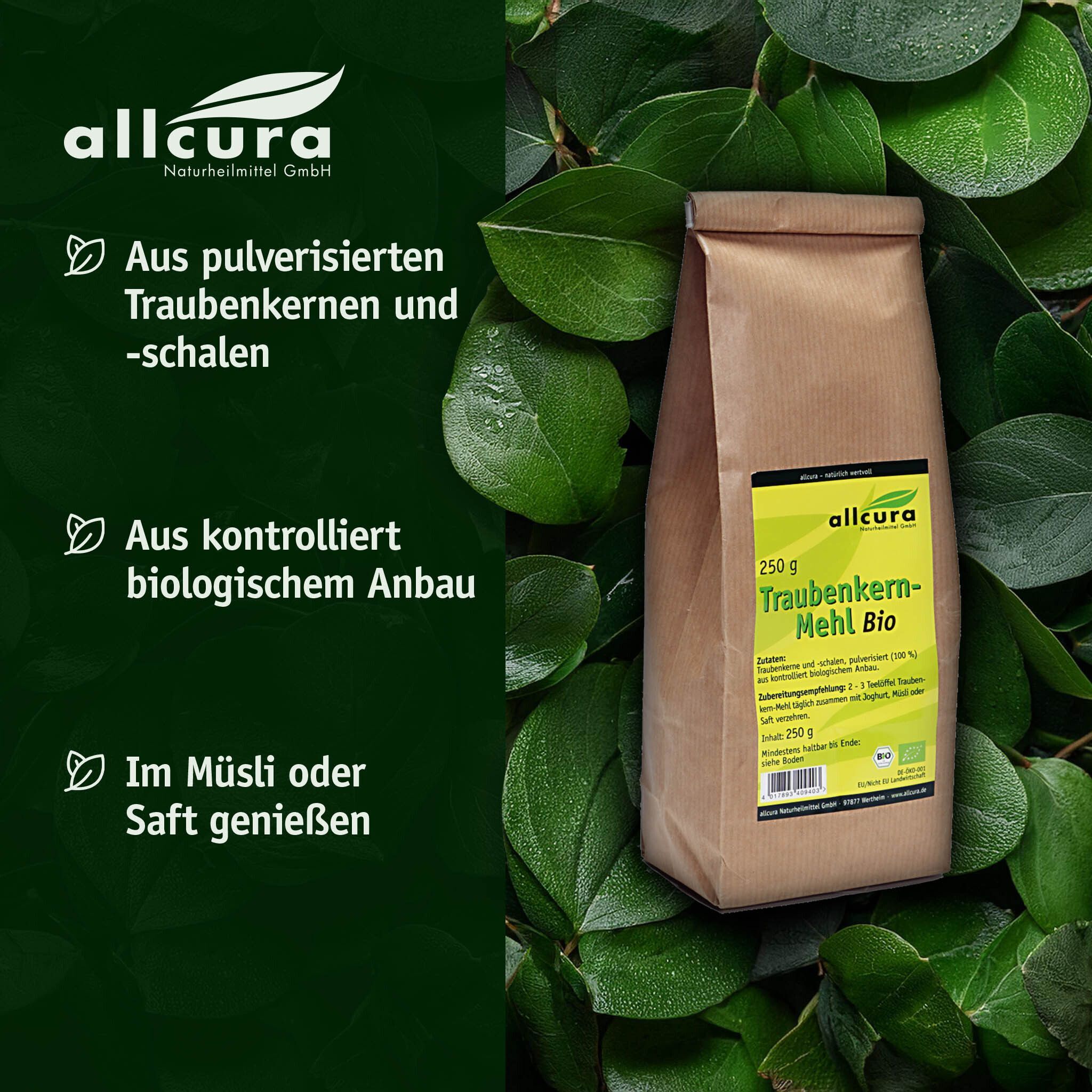 Ein Beutel TRAUBENKERN-MEHL Bio vor grünem Hintergrund. Braune Papiertüte mit grün-gelbem Etikett. Aufschrift: allcura, 250 g, TRAUBENKERN-MEHL Bio.