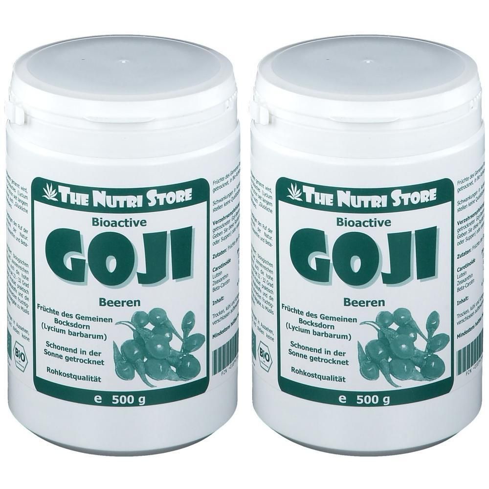 Zwei weiße Behälter mit Deckel. Aufschrift: GOJI Beeren, Bioactive, The Nutri Store. 500g. Mit Abbildung von Goji-Beeren.